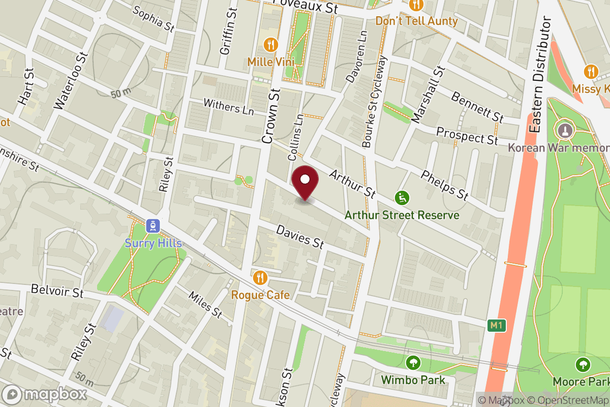 Map showing the start point for Half Baked at Bourke Street Bakery, Surry Hills